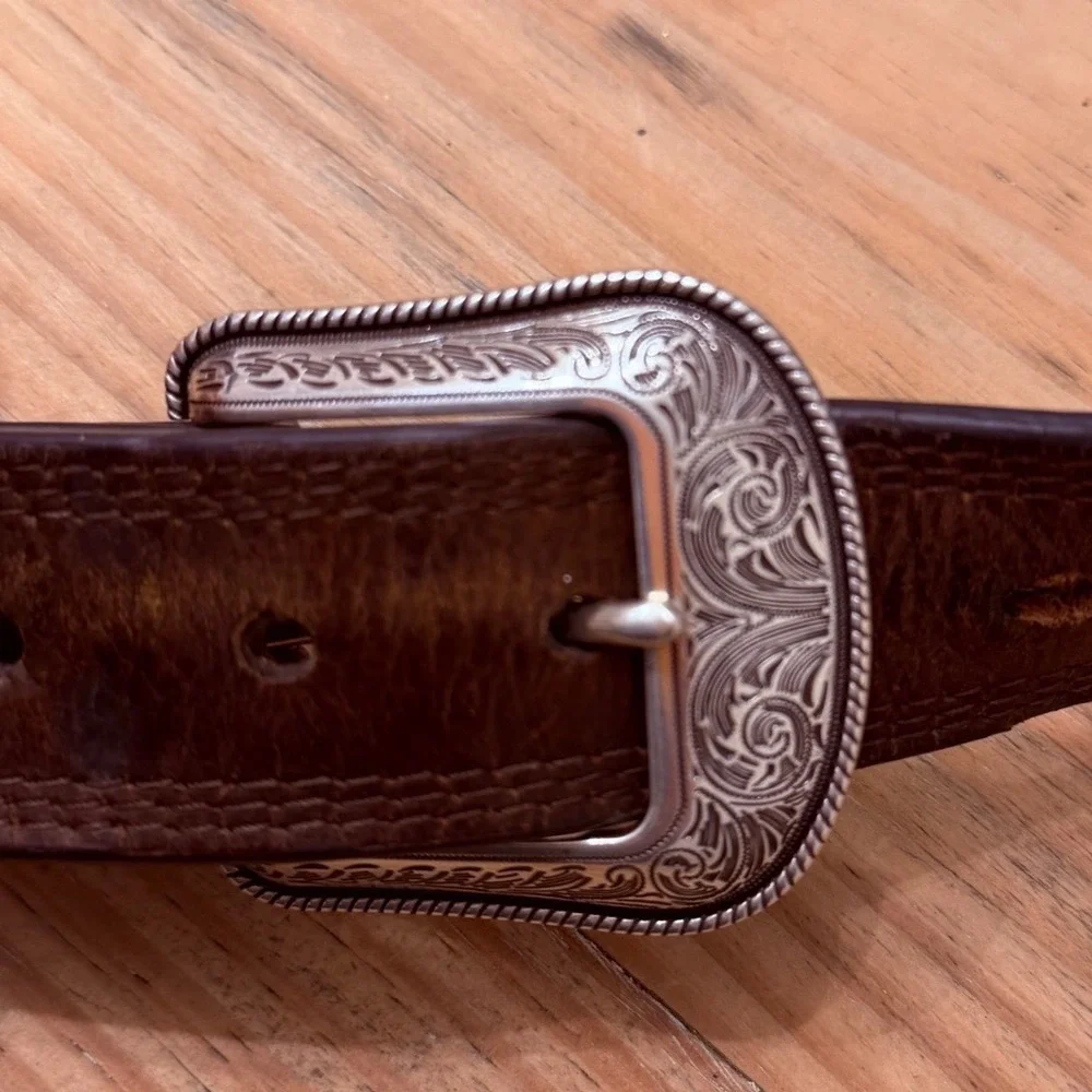 Ariat Mens Brown Leather Western Belt Engraved Silver Buckle 42